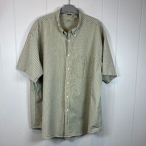 Men's Izod Short Sleeve Button Down 100% Cotton Green & White Plaid Shirt XXL